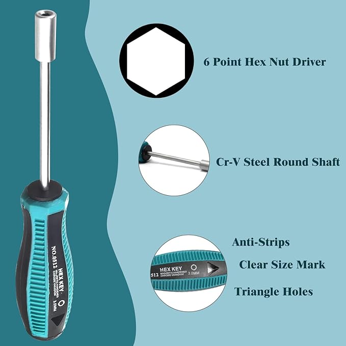 Utoolmart 3mm Socket Wrench Screwdriver, Socket Driver Hex Nut Key Wrench Screwdriver, Cr-V Steel Round Shaft High-carbon Steel Hex Nut Driver Carburetor Adjustment Tool,Non-Magnetic