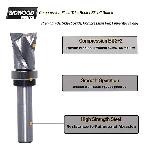 Compression Top Bearing Spiral Flush Trim Router Bit 1/2 Shank - 7/8" Cutting Dia, 1-3/16??Cut Height, Carbide Up-Down Pattern Template Flush Cut Router Bit, for Wood Trimming