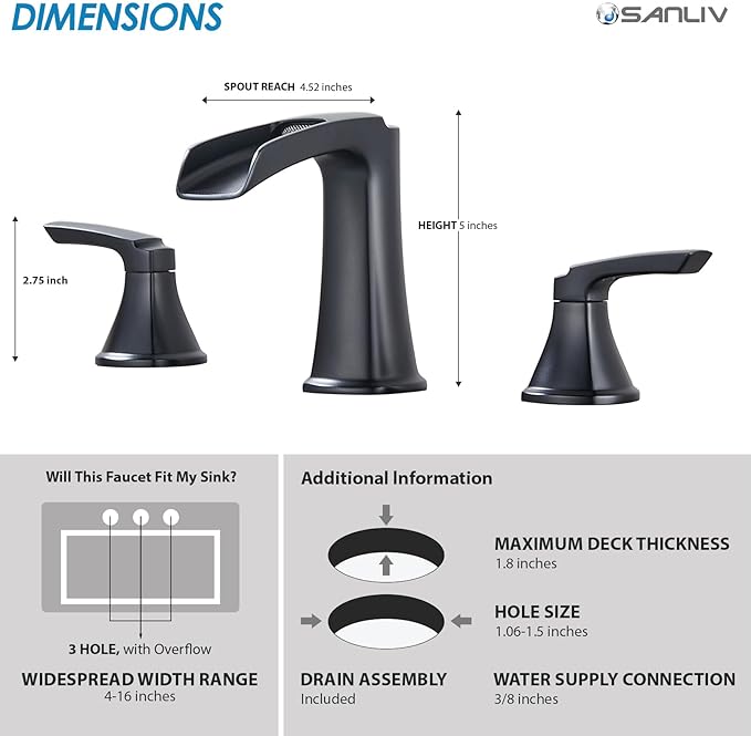 Matte Black Waterfall Bathroom Faucet, Sanliv 3-Piece Widespread Bathroom Sink Faucets, 2-Handle Vanity Faucet for 3-Hole Sinks 4-8 Inch with Pop-Up Drain, ?랱atte Black