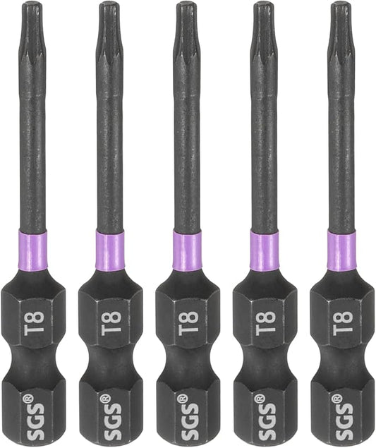 HARFINGTON 5pcs T8 Torx Head Impact Screwdriver Bits 1/4" Hex Shank 2" (50mm) Long Magnetic No Hole Tamper Proof 6 Point Star Screw Driver Drill Bits Phosphate S2 Steel Power Tools