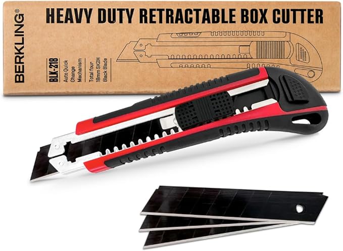 18mm Retractable Utility Knife with 4x SK2H Snap Off Black Spare Blades (18mm 1 PACK)