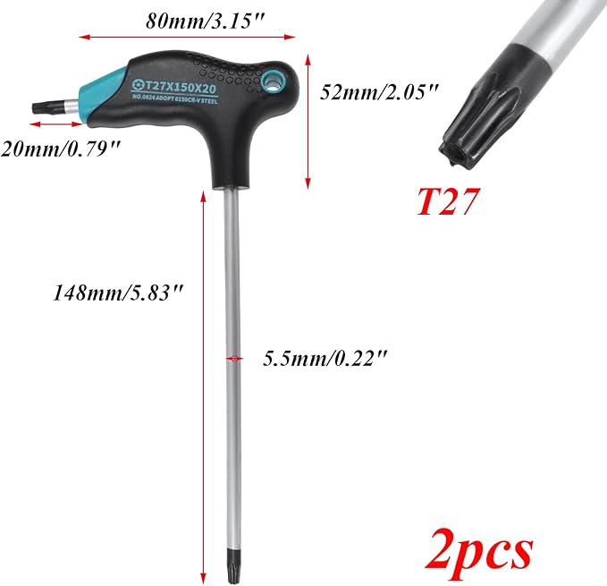 Antrader T27 Torx Wrench,Anti Tamper Proof Hex Key,Cr-V Steel T-Handle Dual End Long Arm Screwdriver 2pcs