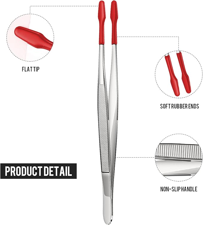 Honoson 2 Pieces Rubber Tipped Tweezers PVC Rubber Coated Soft Non Marring Flat Tip Lab Industrial Hobby Craft Tweezers Tools Jewelry Coin Stamp Tongs(Red)