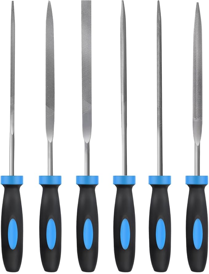 MORROWIND Small 6-Piece Needle File Set, Diameter 0.11" Length 5.51" Hardened Alloy Steel Mini File for Metal Wood Plastic, Includes Flat, Warding, Square, Triangular, Round, Half-Round, Blue
