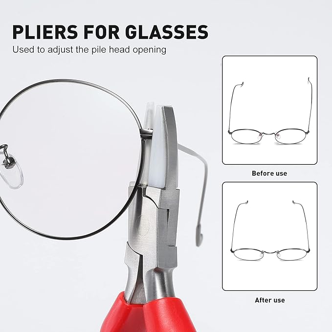 Bolgrona Stainless Steel Adjusting Eyeglasses Leg Tightness Half Round Plier Eyeglass Arms Frame Plier Glasses Repair Parts Tool (Red)