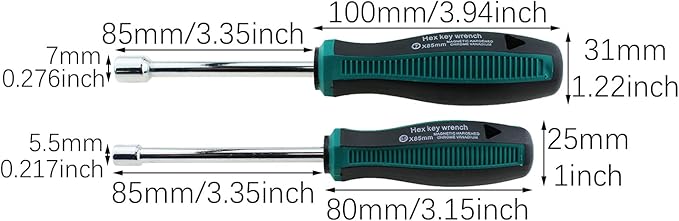 RLECS 2PCS 5.5mm/7mm Chromium Vanadium Steel Hex Nut Screwdriver Suitable for Automotive/Appliance Repair and Mechanical Equipment Maintenance