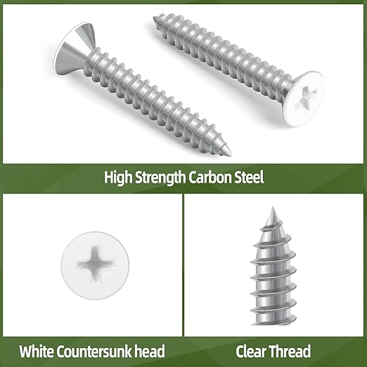 100 PCS #6 x 1-1/4" White Head Sheet Metal Screws, Flat Head Phillips Fast Self Tapping Screws, Countersunk Head Wood Screws, Screwdriver Bit Included