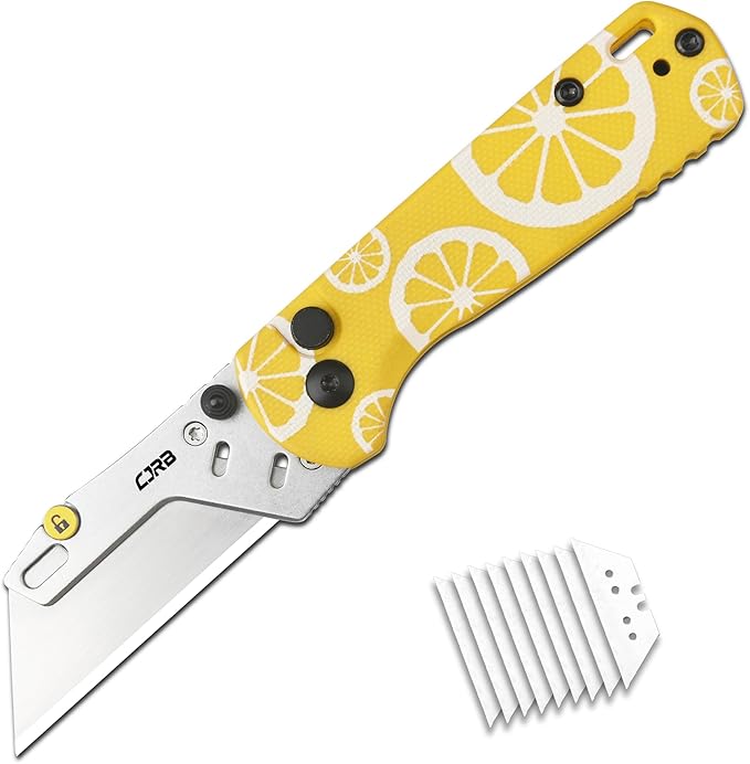 CJRB Boxer Pocket Folding Utility Knife, EDC Knife with 10PCS Total Blades, Small Pocket Knife with G10 Handle for Men Women(J1967 Lemon Yellow)