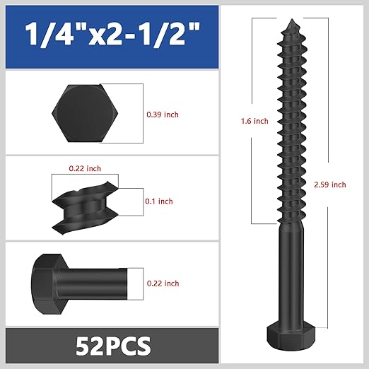 Lag Screws Wood Screws,(52PCS, 1/4" x2-1/2, Black) Hex Head Lag Bolts,(6x65) Heavy Duty Lag Screws,304 Stainless Steel Bolts 18-8