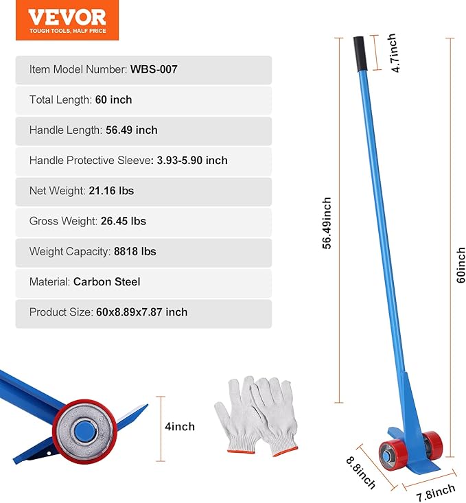 VEVOR Prylever Bar, 60-Inch Handle, 8818 lbs Weight Capacity, Pry Lever Bar Heavy Duty with 4?쇺?Wheels and Enlarged Welding Surface Prylever, Blue