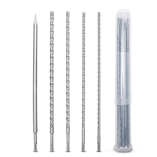 5PCS 3/8 to 5/8 inch (10-16mm) SDS Plus Rotary Hammer Drill Bits and Chisel Set, SDS Plus Masonry Drill Bits,Concrete Drill Bits Set, for Concrete, Brick, Cement，Masonry Work, 18 inch Length