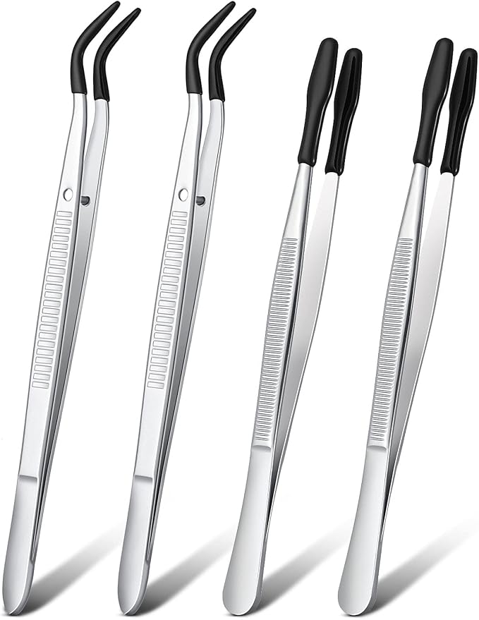 2 Pieces Bent Tip Tweezers with Rubber Tips PVC Coated and 2 Pieces Tweezers Rubber Coated PVC Soft Non Marring Flat Tips Lab Hobby Jewelry Craft Stainless Steel Tool(Black)