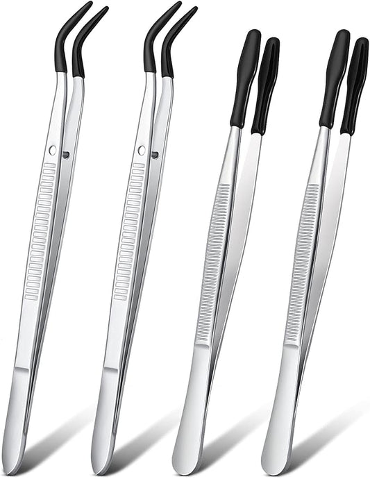 2 Pieces Bent Tip Tweezers with Rubber Tips PVC Coated and 2 Pieces Tweezers Rubber Coated PVC Soft Non Marring Flat Tips Lab Hobby Jewelry Craft Stainless Steel Tool(Black)