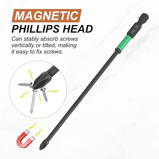 HARFINGTON 5pcs #2 Impact Phillips Screwdriver Bit PH2 1/4" Hex Shank 6" (150mm) Length 0.2" Rod Magnetic Cross Head Drill Bits S2 Steel Industrial Screw Drivers for Impact Power Tools