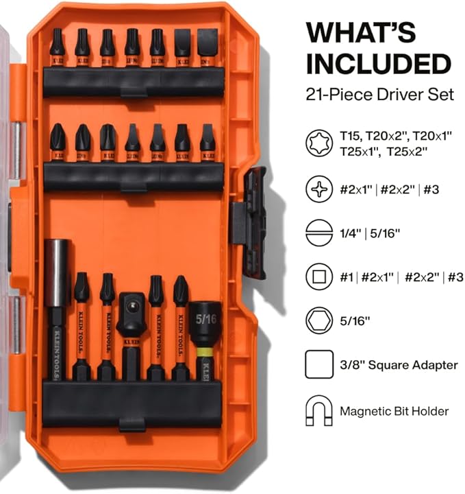 Klein Tools 33801B 21-Piece Impact Driver Bit Set, Impact-Rated Alloy Steel, Precision Machined, MODbox Compatible Storage Case, Professional Tool Kit