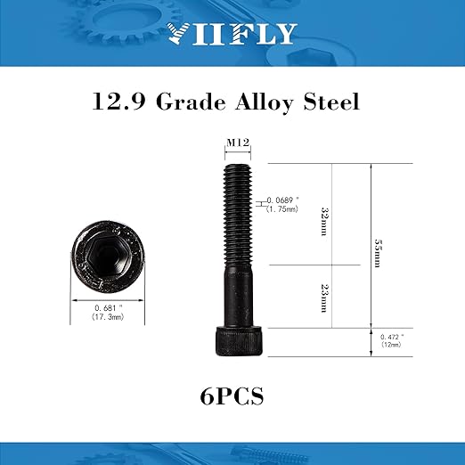 YIIFLY M12-1.75 x 55mm Socket Head Cap Screws, M12x1.75 Bolt,12.9 Grade Alloy Steel, Allen Socket Drive, Black Oxide Finish, Half Thread, Quantity 6