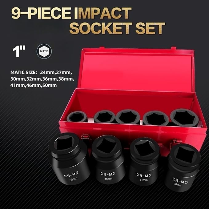 1" Inch Drive Deep Impact Socket Set,9 Pieces,6-Point,Metric Sizes(24mm,27mm,30mm,32mm,36mm,38mm,41mm,46mm,50mm),Cr-Mo Steel