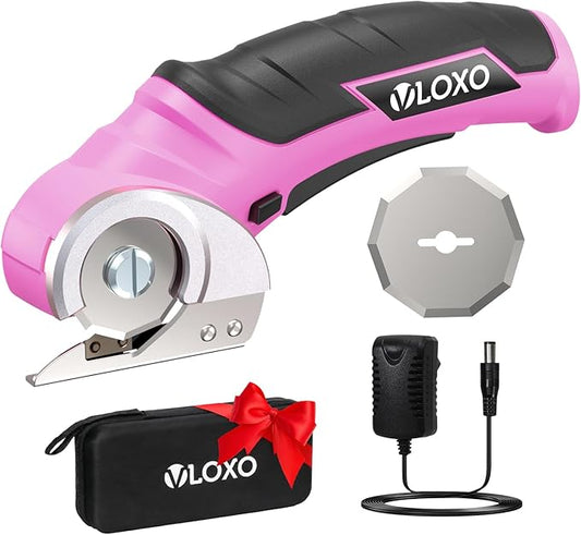 VLOXO Cardboard Cutter, Cordless Electric Scissors for Leather with Safety Lock, Box Cutter Electric Multi-Cutting Tools Rechargeable Powerful Scissors for Canvas Leather Plastic with Storage Box Pink