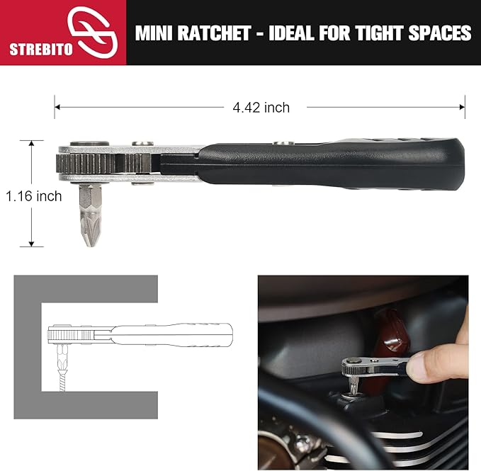 STREBITO Mini Ratchet Set 12-Piece 1/4 Right Angle Screwdriver Set - Small Ratcheting Wrench 90 Degree Offset High Torque Low Profile for Tight Spaces