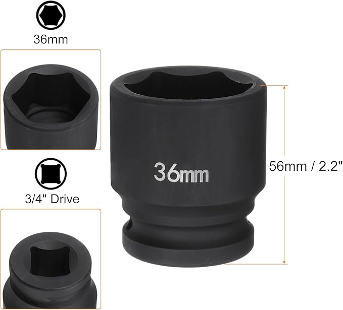 HARFINGTON 6-Point Impact Socket 3/4" Drive 36mm Metric 40Cr Alloy Steel Spindle Axle Nut Impact Socket