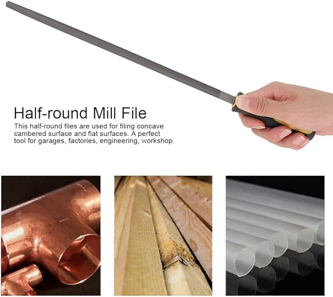Bastard Cut Mill File, 12in Round Metal Files, Round Mill Steel File Rasp with Plastic Handle, Round Files, T12 Carbon Steel Rat Tail File for Wood, Metal, Plastic (Medium-Tooth)