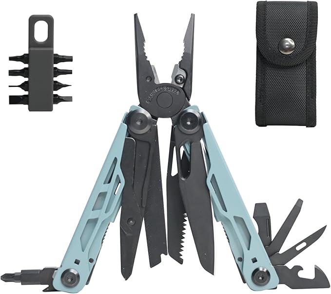 Multitool with Pocket Knife, 25-in-1 Stainless Steel Pliers and Screwdriver, Self-locking Multi-tool EDC Gear with Sheath, Suitable for Camping and Hiking (Greyblue)