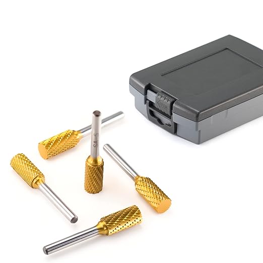 SA-5 5pcs Tungsten Carbide Burr TiN Rotary File Cylindrical Shape Double Cut for Die Grinder Drill Bits 1/4'' Inch Diameter of Shank and 1/2'' Inch Diameter of Cutter 1'' Inch Cutter Length