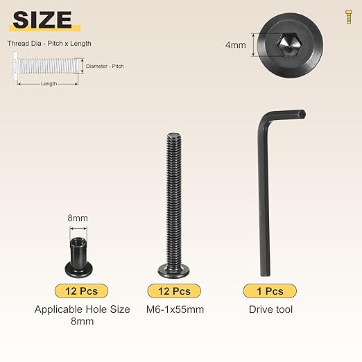 METALLIXITY Furniture Crib Screws Replacement Set with Wrench(M6-1x55mm) 24Pcs, Galvanization Connector Bolts M6 Screw Barrel Nuts Binding Screws, for Chair Cabinet Bed, Black
