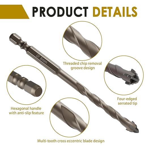 5pcs Four Blade Serrated Eccentric Drill Bit Set - 4 Sizes (6/8/10/12mm) - High-Strength for Stone, Glass, Wood, Brick, Metal, Ideal for DIY & Professional Projects