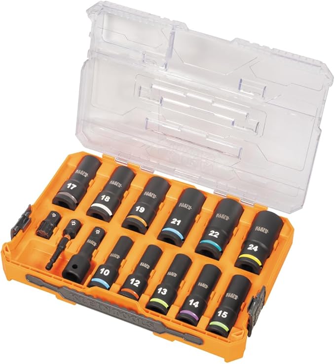Klein Tools 65111IMPCTM KNECT Deep Well Impact Socket Set, 1/2-Inch Drive, Metric, Color Coded, MODbox Case, Impact Adapter and Extension, 14-Piece