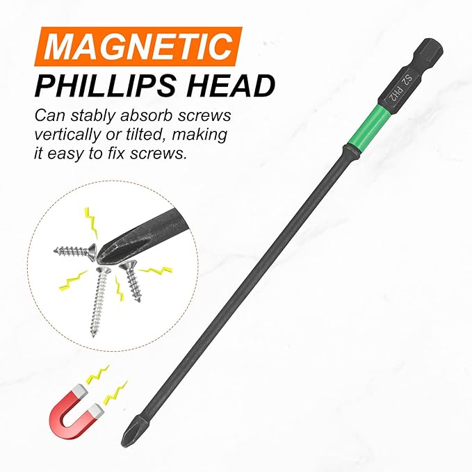 HARFINGTON #2 Impact Phillips Screwdriver Bit PH2 1/4" Hex Shank 6" (150mm) Length 0.14" Rod Magnetic Cross Head Drill Bits S2 Steel Industrial Screw Drivers for Impact Power Tools