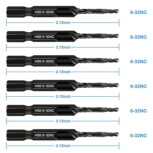 6-Piece 6-32NC Combination Drill Tap Countersink Bit Set SAE, Made of High-Speed Steel with Anti-Rust Blackened Coating, Ideal for Soft Metal, Wood & Plastic, 6-32NC Thread Size, 1/4??Hex Shank
