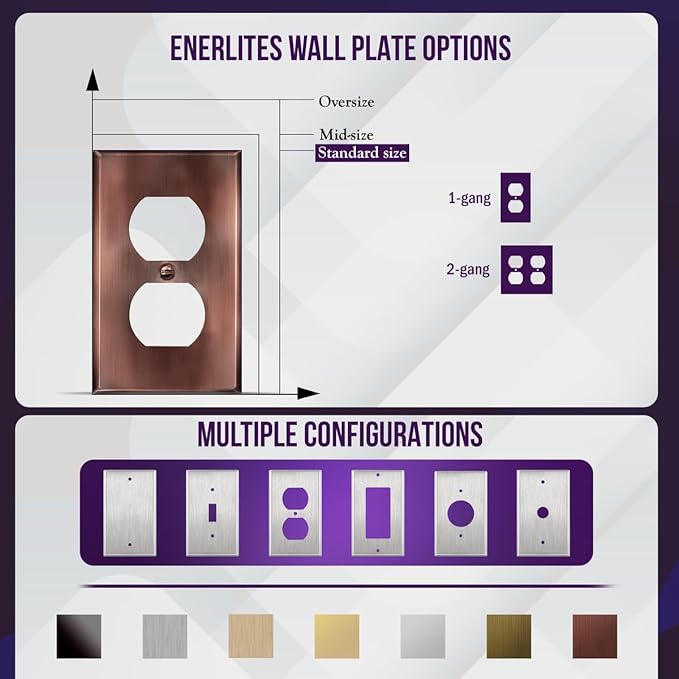 ENERLITES Duplex Receptacle Metal Wall Plate, Stainless Steel Outlet Cover, Corrosion Resistant, Standard Size 1-Gang 4.50" x 2.76", Stainless Steel 201, 7721-AC, Antique Copper