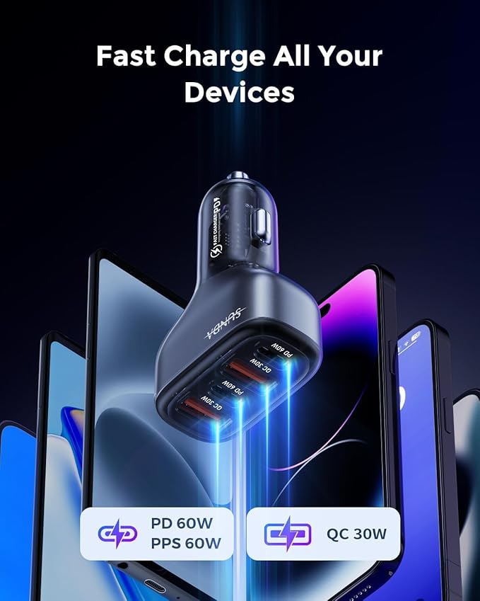 SUNDA 120W USB C Fast Car Charger, 4-Ports Car Charger Adapter, Dual Type C PD60W/PPS60W Compatible with iPhone17/16Pro/Max/iPhone15/Galaxy/SamsungS25, Dual USB-A 18W QC3.0 for Android(Gray)