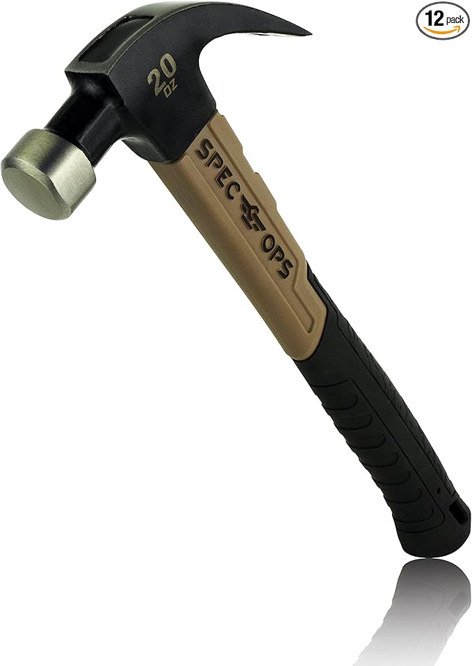 Spec Ops Tools Fiberglass Hammer, 20 oz, Smooth Face, Curved Claw, Shock-Absorbing Grip, 3% Donated to Veterans (Pack of 12)
