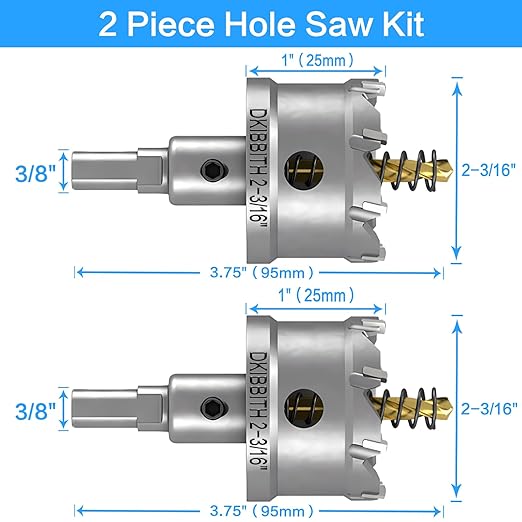 TCT Hole Saw Set, 2-Pack of 2-3/16" (55mm) Heavy Duty Tungsten Carbide Tipped Hole Cutters for Stainless Steel Mild Steel Copper Iron Brass Plastic and More, with Titanium-Plated Pilot Drill Bits