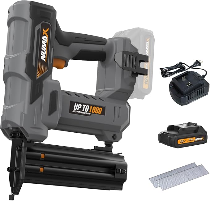 NuMax 18V Cordless Brad Nailer,18 Gauge Brad Nail Gun with Battery, Charger & 500 Nails | Drives 1000 Shots Per Charge | Compatible with 3/8"??" Brad Nails | S18VBR50
