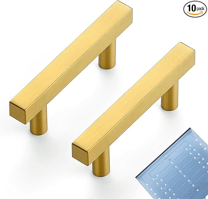 Ravinte 10 Pack 2-1/2 Inch Cabinet Pulls Gold Sqaure Kitchen Cabinet Handles Gold Cabinet Hardware Stainless Steel Drawer Pulls 4 Inch Overall Length with Mounting Template