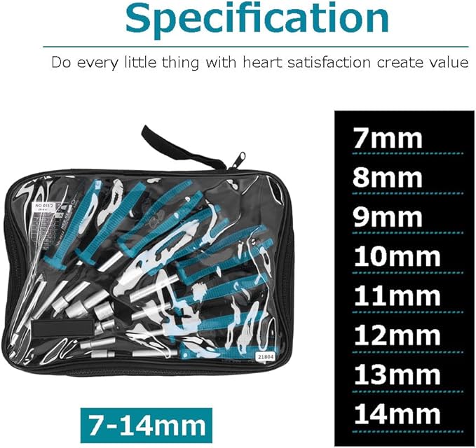 8Pcs Hex Nut Driver Set, 7mm-14mm Chrome Vanadium Alloy Steel Deep Hole Socket Wrench Screwdriver with Non-Slip Handle Screw Fastening Tool, with PE Bag Packaging