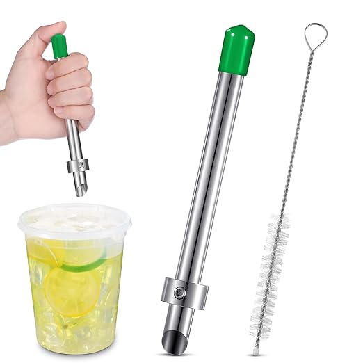 Lasnten 1 Pack Straw Puncher for Plastic Lids Lemonade Cups, Stainless Steel Straw Hole Puncher Punching Tools for Cafe Drinks Deli Container Fresh Squeezed Lemonade Stand Supplies(6.3 Inch,Green)