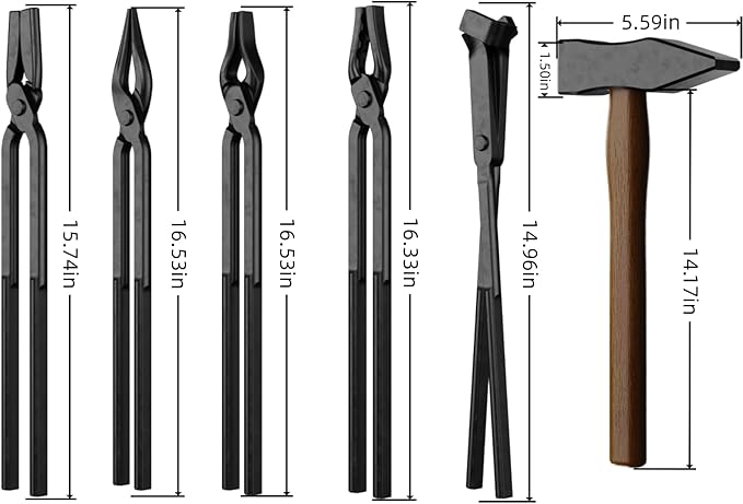 6PCS Blacksmith Tools with Blacksmith Tongs and Blacksmith Hammer,V-Bit Blade, Wolf Jaw, Scrollings,Flat,Square Jawand Assembled Blacksmithing Tongs for Forging Tools and Equipment