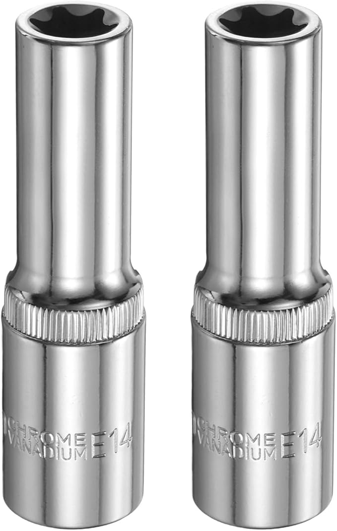 HARFINGTON 2pcs E-Torx Socket 1/2" Drive E14 Star Female Socket 3.1" Length External Torx Deep Sleeve Chrome Plating 6 Point Spline Sleeve for Auto Repairs Home Maintenance