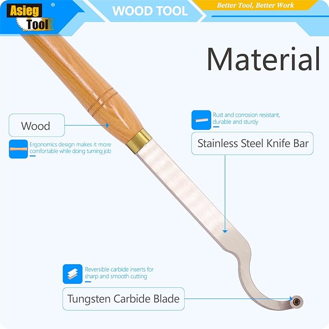 AT05 Carbide Tipped Wood Turning tools Lathe set Rougher Detailer Finisher Swan Neck Hollower Parting Tool with Solid Wood Handle and Diamond Round Square Carbide Inserts 5pcs