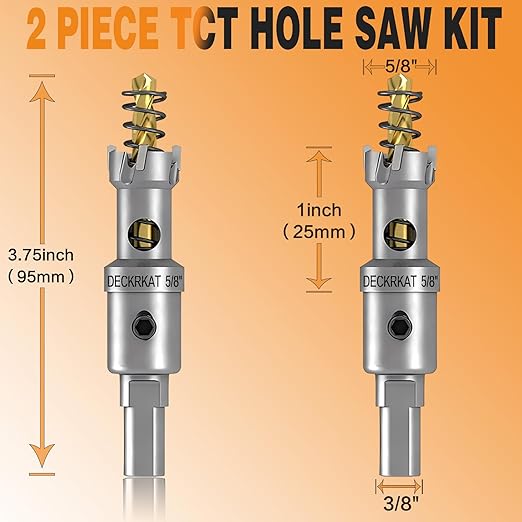 DECKRKAT 2-Pack 5/8” TCT Hole Saws for Hard Metal, Heavy Duty 16mm Tungsten Carbide Tipped Hole Cutters Set with Spring-Loaded Pilot Drill Bits for Stainless Steel, Metal, Iron, and Plastic
