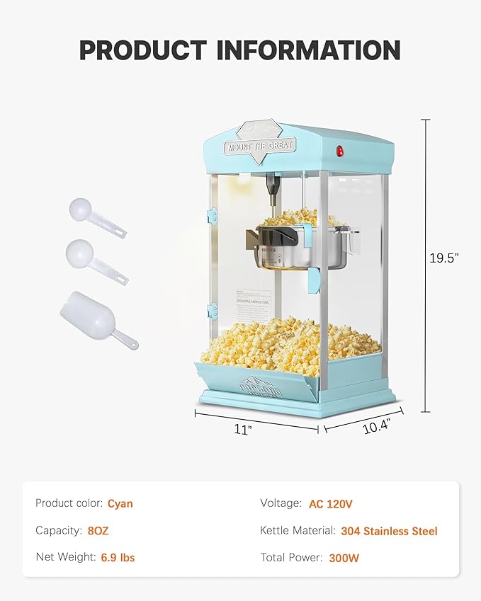 8 Oz Popcorn Machine, Tabletop Popcorn Maker, Countertop Pop Corn Machine Makes Up to 32 Cups, Movie Theater Popcorn Popper Machine with Stainless-Steel Kettle for Home Family, 300 W, Cyan