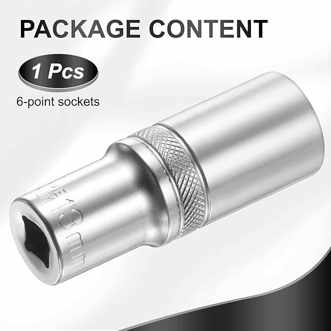 HARFINGTON 6 Points Deep Socket 1/4" Drive 13mm Deep Metric CR-V Steel Polished Nickel Plating Flip Sleeve 50mm / 2" Extra Long Socket Tool for Home Auto Nuts Bolts Repair