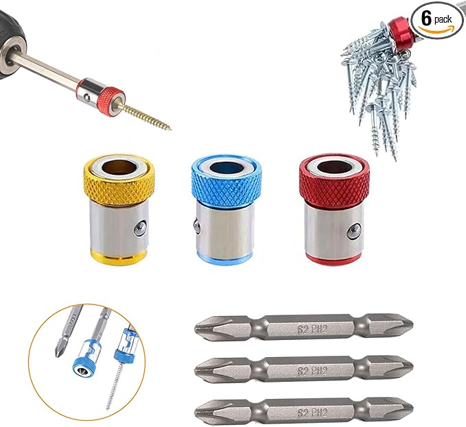 3-Piece Strong Magnetic Screw Ring Holder with 3-Piece Ph2 Screwdriver Head Set - Universal 1/4 Inch 6.35mm Hex Screwdriver Head