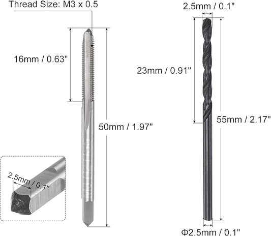 uxcell Metric Tap and Drill Bit Set, M3 x 0.5 Thread Tap & 2.5mm Black Oxide Twist Drill Bit, Straight Flute Tap Tapping Threading Repair Tool Kit