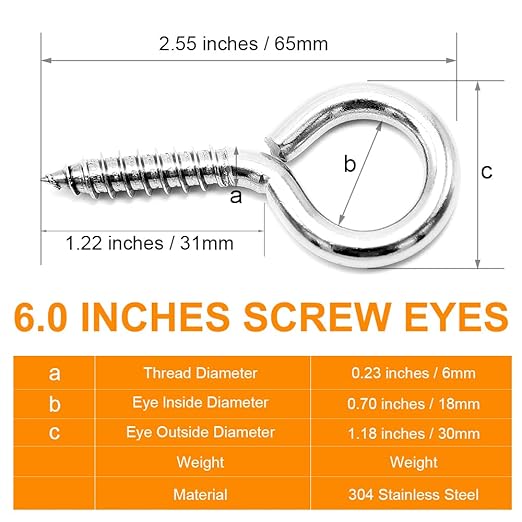 ACCZIO 16 Pack 304 Stainless Steel Eye Screws,2.5 Inch M6 Heavy Duty Eye Hooks Screw, Eye Bolts Screw in Eye Hooks for Wood, Eye Bolts for Secure Cable Wires, Indoor & Outdoor Use