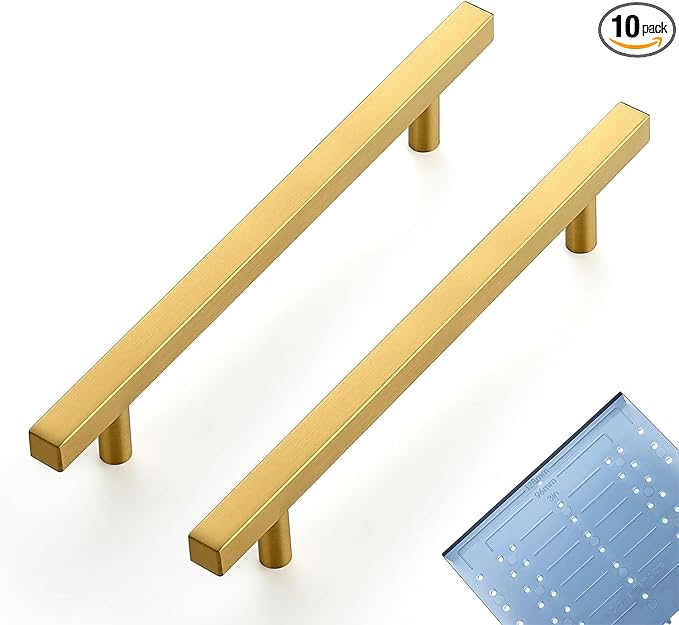 Ravinte 10 Pack 6-1/4 Inch Cabinet Pulls Gold Sqaure Kitchen Cabinet Handles Gold Cabinet Hardware Stainless Steel Drawer Pulls 8-4/5 Inch Overall Length with Mounting Template